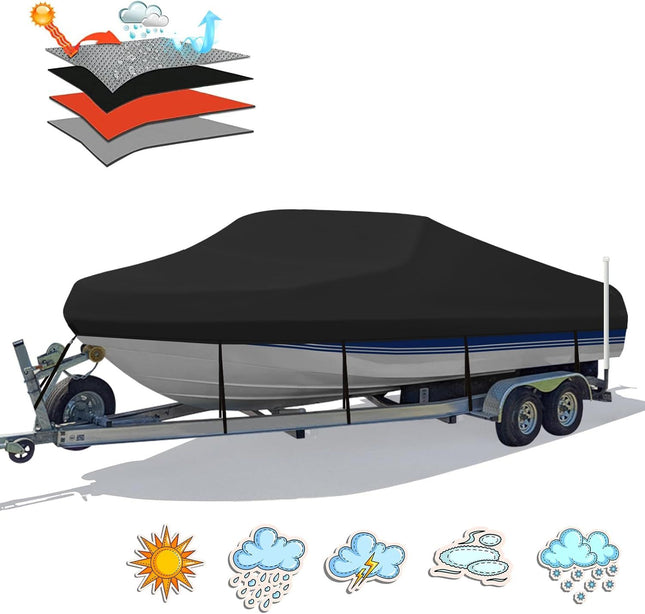 Trailerable Boat Cover 600DHeavy Duty Waterproof Tarp with Storage Bag Designed for V-Hull Fish & Ski