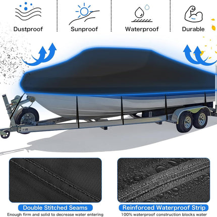 Trailerable Boat Cover – 600DHeavy Duty Waterproof Tarp with Storage Bag, Designed for V-Hull, Fish & Ski, Runabout, Bass & Fishing Boats,20-22FTBlack