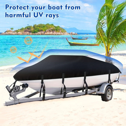 Trailerable Boat Cover – 600DHeavy Duty Waterproof Tarp with Storage Bag, Designed for V-Hull, Fish & Ski, Runabout, Bass & Fishing Boats,23-25FTSilver