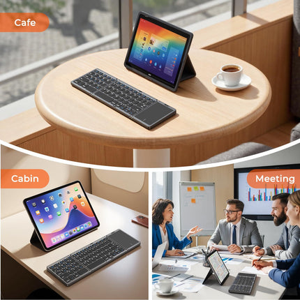 Foldable Bluetooth Keyboard with Touchpad, Wireless Portable Keyboard, Ultra Slim Rechargeable Folding Keyboard with Full-Size Keys for iOS Android Windows Laptop Tablet PC,Grey