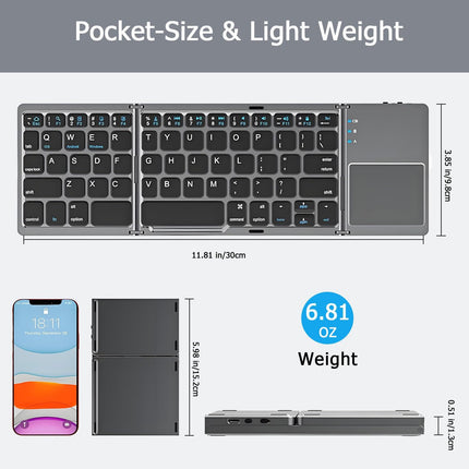 Foldable Bluetooth Keyboard with Touchpad, Wireless Portable Keyboard, Ultra Slim Rechargeable Folding Keyboard with Full-Size Keys for iOS Android Windows Laptop Tablet PC,Black