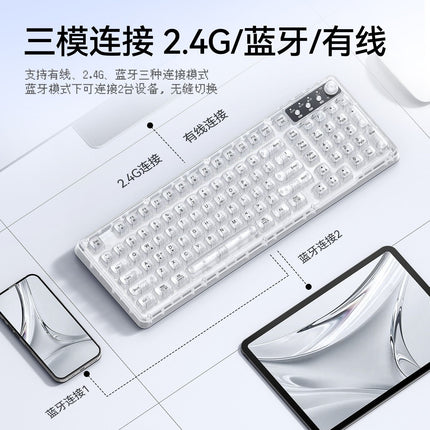 Tri-Mode Wireless Mechanical Keyboard, Bluetooth 5.0/2.4G/USB-C, 96% Layout RGB Backlit Keyboard, Hot Swappable Quiet Switch, Programmable Keys, Multi-Device for PC Mac iOS Android,Crystal Black