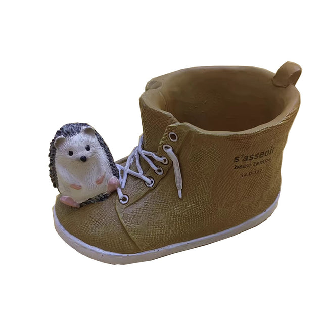 Cute Hedgehog with Resin Shoe Flower Pot with Animal Figurine Creative Succulent Planter for Indoor Outdoor