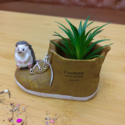Cute Hedgehog with Resin Shoe Flower Pot with Animal Figurine, Creative Succulent Planter for Indoor Outdoor Garden Desk Decor Gift