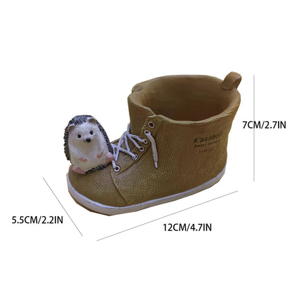 Cute Hedgehog with Resin Shoe Flower Pot with Animal Figurine, Creative Succulent Planter for Indoor Outdoor Garden Desk Decor Gift