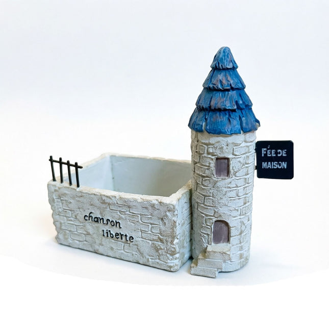 Mini French Country Tower House Planter with Blue-Tiled Tower