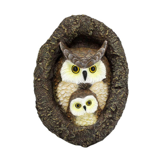 Owl with Tree Hole Statue Weather-Resistant Resin Garden Decor with Natural Bark Texture Outdoor