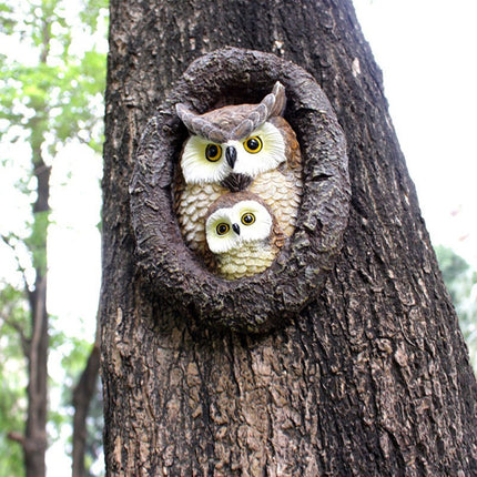 Owl with Tree Hole Statue – Weather-Resistant Resin Garden Decor with Natural Bark Texture – Outdoor Wall Hanging Ornament for Yard, Patio, and Forest Theme Decoration