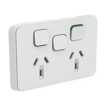 Clipsal Iconic Double Power Point Skin with 1 extra switch Horizontal Mount 250V 10A Clip-On Cool Grey – product detail