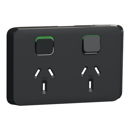 Clipsal Iconic Double Power Point Skin Horizontal Mount, 250V, 10A, Clip-On | Extra Black 3025C-XB