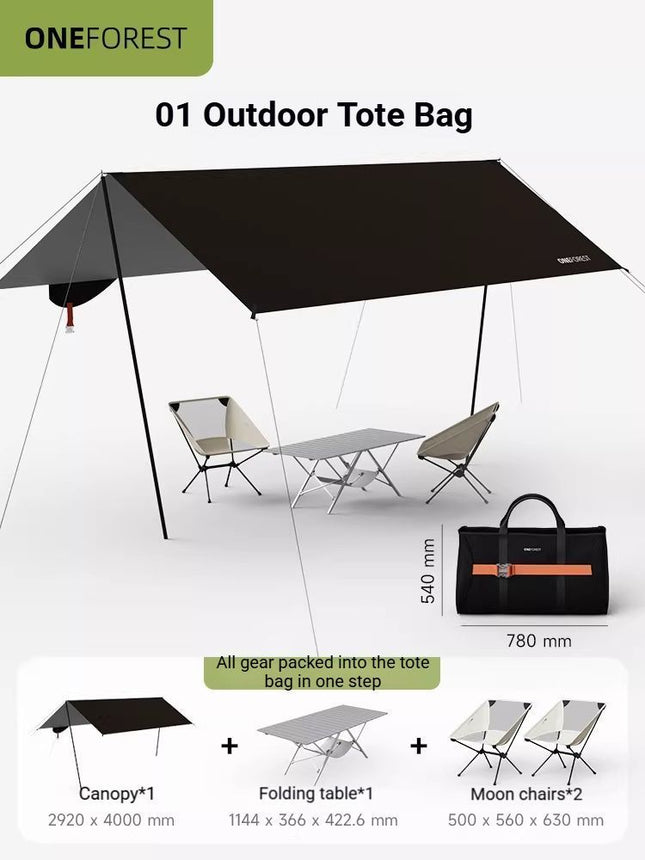 black Canopy Version-Canopy Plus Folding Table Plus 2 Moon Chairs