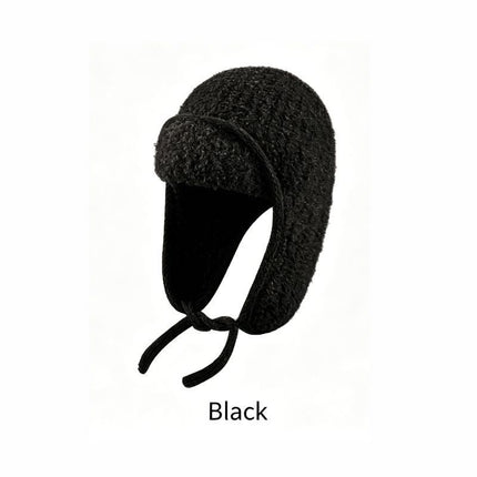 Women Sherpa Aviator Beanie - Warm Earflap Knit Hat Black