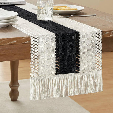 2-Pack Table Runner MX05, Cotton Trim on Both Sides, Black Center, With Tassels