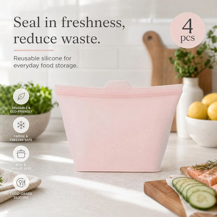 4 Pack Food-Grade Silicone Food Storage Bags, Light Pink, 500ml