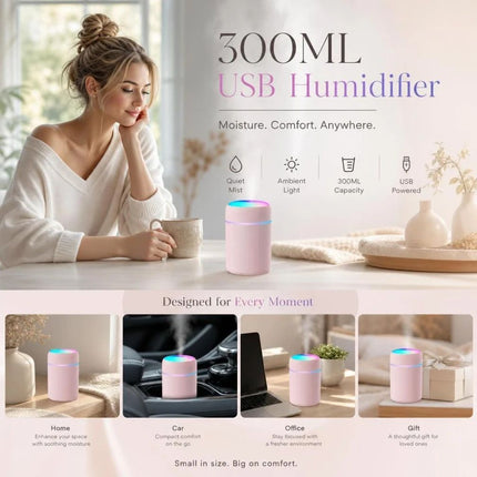 USB Mini Humidifier 300ML Dual Cotton Wicks Pink Boxed