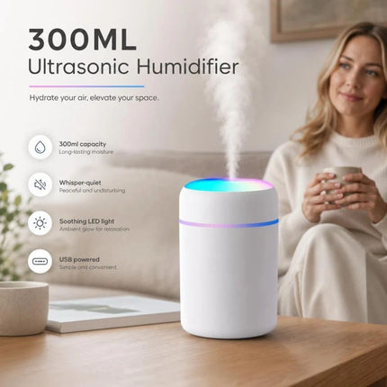USB Mini Humidifier 300ML Dual Cotton Wicks White Boxed