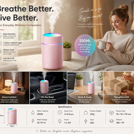 USB Mini Humidifier 300ML Dual Cotton Wicks Black Boxed, Bedroom Gift