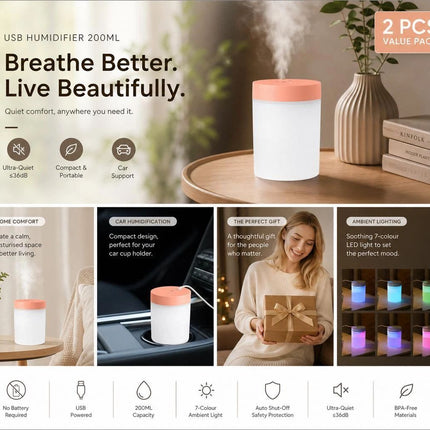 2 Pack USB Humidifier Pink, Festive Gift Pair