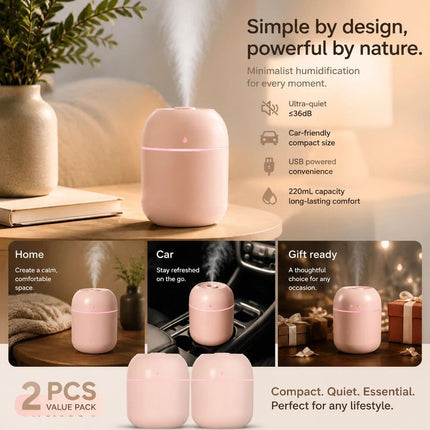 2 Pack Water Drop Humidifier 220ML Pink, Holiday Gift Set