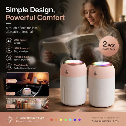 2 Pack Colour Light Humidifier 330ML Pink, Festive Bundle