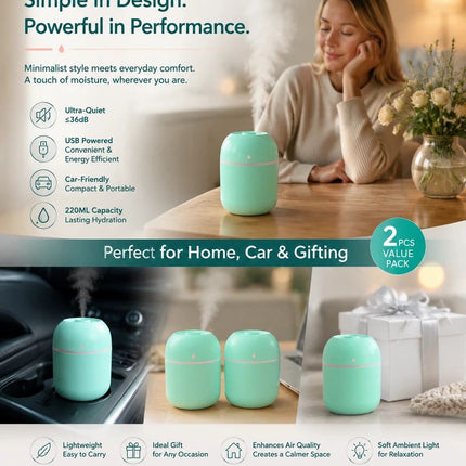 2 Pack Water Drop Humidifier 220ML Green, Office Gift Pair
