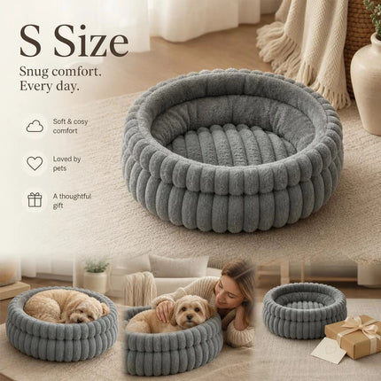 Washable Round Cat Dog Bed, Soft Faux Rabbit Fur Grey S Size