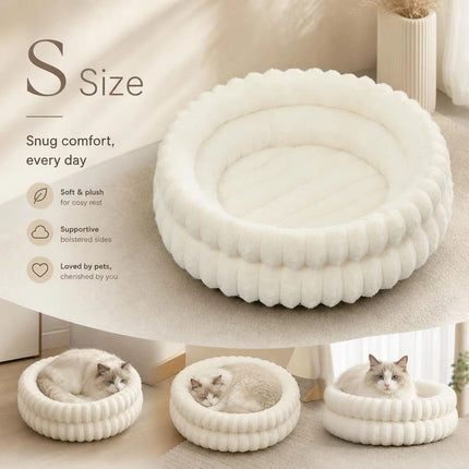 Thick Plush Round Pet Sleeping Bed, Cream Faux Rabbit Fur S Size, Gentle Calming Design