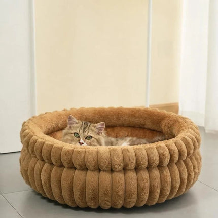 Thick Plush Round Pet Sleeping Bed, Cream Faux Rabbit Fur S Size, Gentle Calming Design