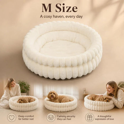 Detachable Washable Dog Cat Bed, Cream Faux Rabbit Fur M Size