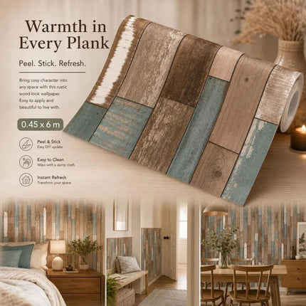 Self Adhesive PVC Retro Wall Film 0.45x6M, Greenish Brown Wood Texture