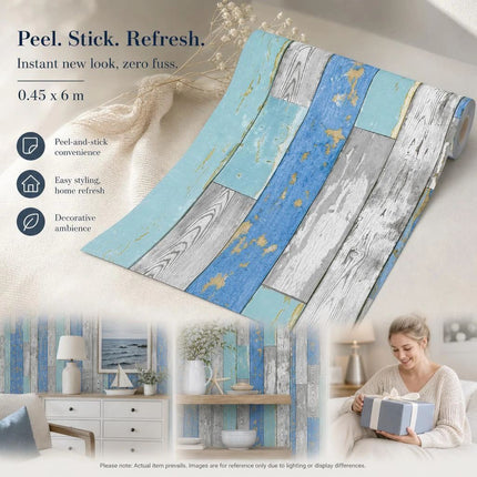 Self Adhesive Wall Sticker 0.45x6M, Grey Blue Wood Plank