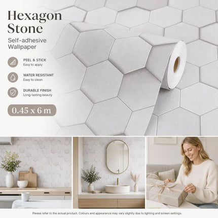Self Adhesive PVC Wallpaper 0.45x6M, White Honeycomb Pattern