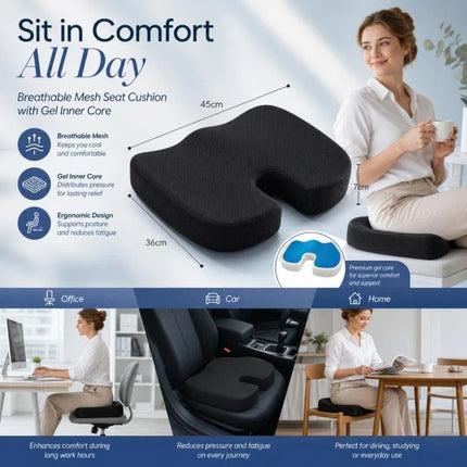 Gel Infused Memory Foam Seat Cushion 45x36x7, Breathable Mesh Black