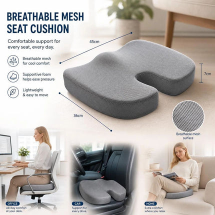 Cooling Gel Seat Pad 45x36x7, Breathable Mesh Grey, Ergonomic Car Office Accessory