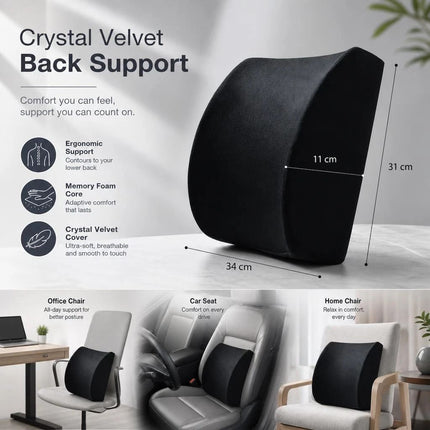 Soft Crystal Velvet Waist Support 45x36x7, Black Memory Foam, Gentle Back Cushion