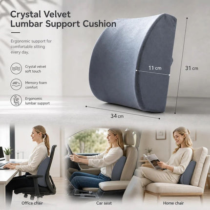 Memory Foam Lumbar Pillow 45x36x7, Crystal Velvet Grey, Comfort Desk Chair Accessory