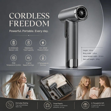 Cordless USB Charging Blow Dryer Grey, Low Noise Quick Dry Design, Portable Daily Hair Styling Present