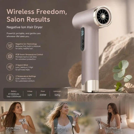 Portable Wireless Hair Dryer Pink, Negative Ion Damage Protection