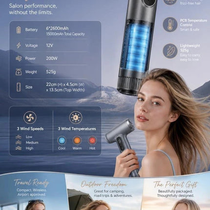 Portable Wireless Hair Dryer Pink, Negative Ion Damage Protection