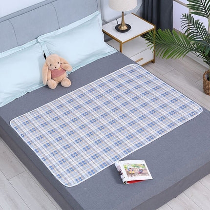 Washable Incontinence Bed Pad 100x150cm, Lightweight 4-Layer Absorbent Pad, Anti-Slip Base, Soft Light Blue Plaid, Gentle Skin Friendly