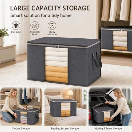 Medium 60L Quilt Organizer Grey, Brown Edge White Zipper, Portable Dust Cover For Seasonal Bedding