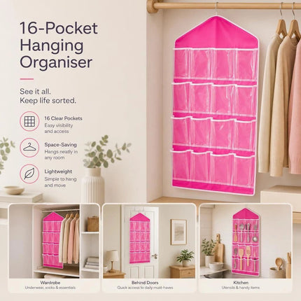 Clear 16 Compartment Hanging Sock Pouch, Underwear Sorting Storage Bag