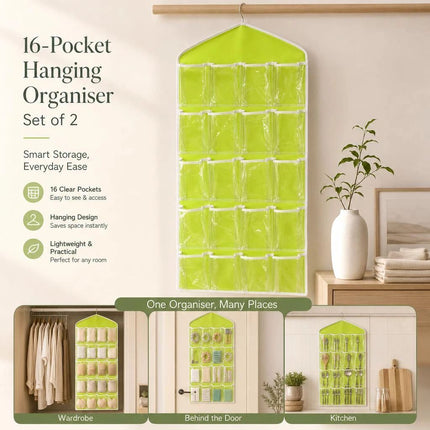 2 Pack 16-Grid Clear Hanging Storage Bags, Visible Socks Underwear Organizer, Green, Family Wardrobe Set