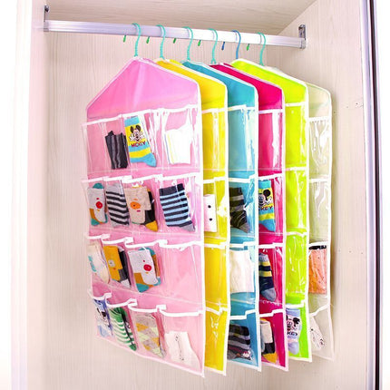 2 Pack 16-Grid Clear Hanging Storage Bags, Visible Socks Underwear Organizer, Green, Family Wardrobe Set