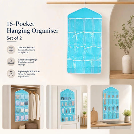 2 Pack Transparent 16 Slot Door Hanging Organizers, Clear View Lingerie Storage, Blue, Multi-Pack Storage Kit