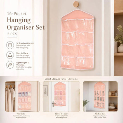 2 Pack Clear View 16 Compartment Hanging Pouches, Sock Underwear Sorting Bag, Pink, Practical Housewarming Gift