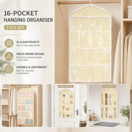2 Pack 16-Grid Visible Wall Hanging Storage Bags, Lingerie Sock Organizer, Beige, Matching Closet Combo