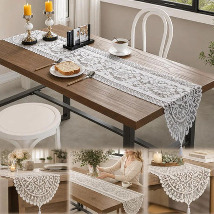Lace Tassel Table Runner 33x91cm, White