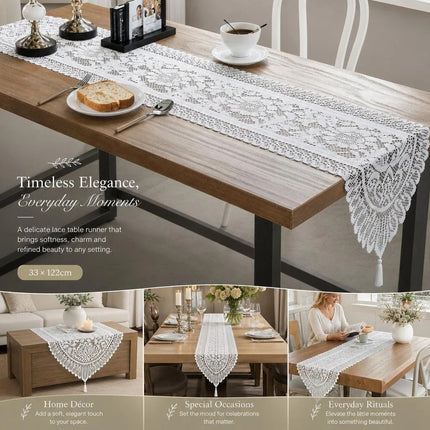 Fringe Lace Table Runner 33x122cm, White