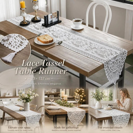 Decorative Lace Table Runner with Tassels 33x137cm, White